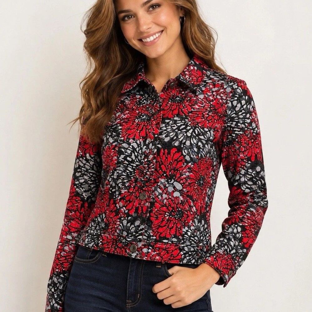 Ruby Rd. Jacket Size 12 Multicolor Red Gray Black Chrysanthemums Pockets Sparkly